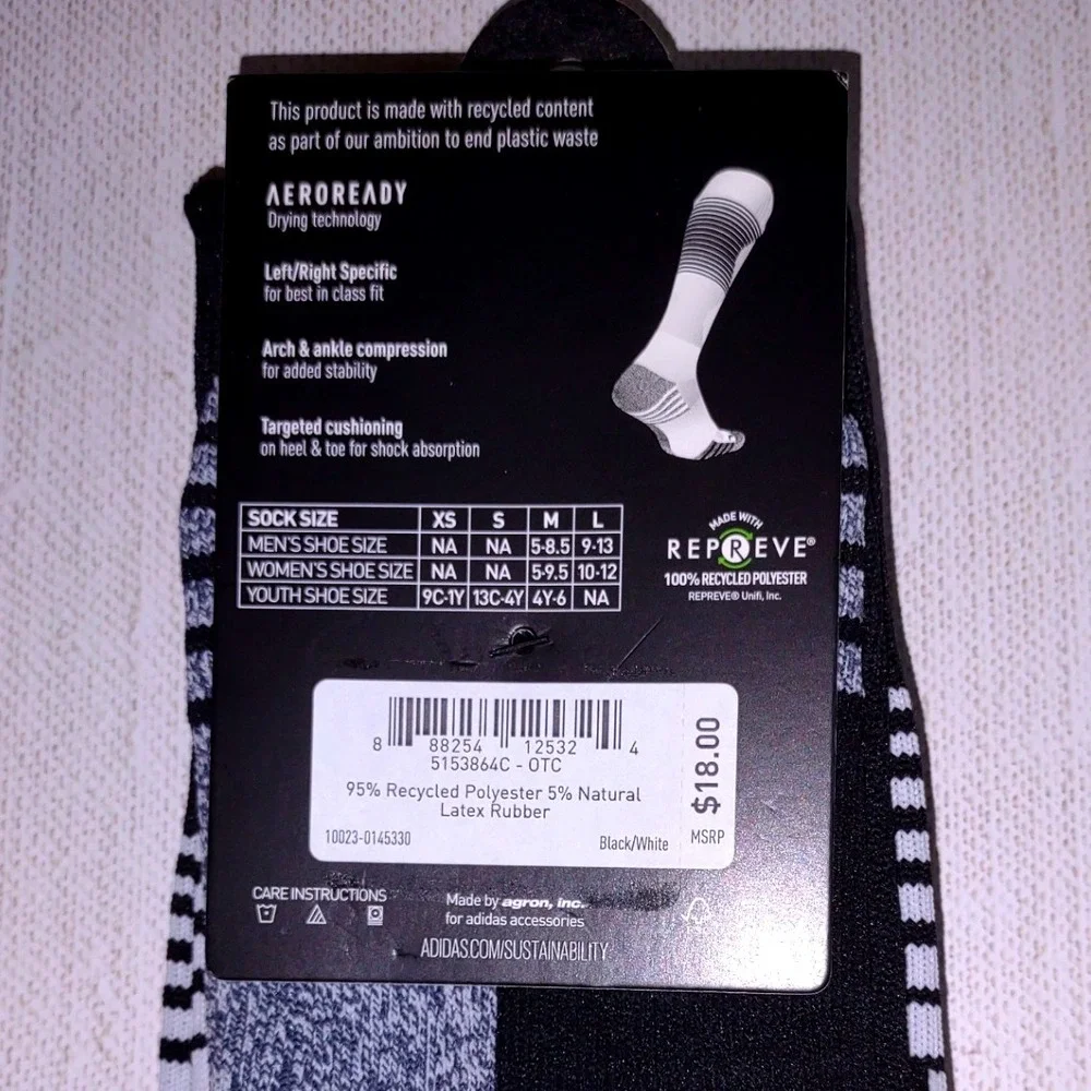 Adidas Soccer Team Speed Sock Black White Medium - Made‎ with Recycled Polyester